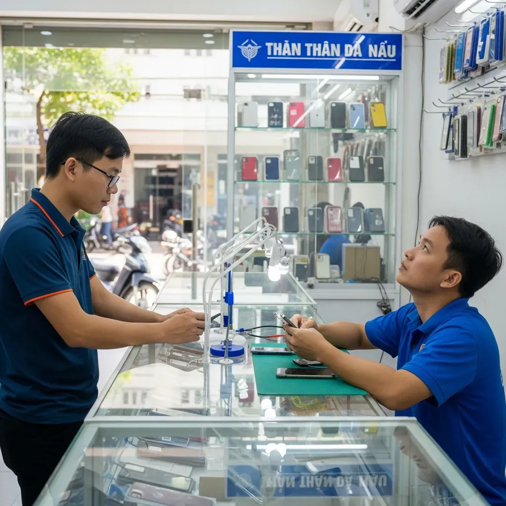 Nam thanh niên Việt đứng xem kỹ thuật viên sửa điện thoại qua mặt bàn trong suốt, kỹ thuật viên gật đầu đồng ý.