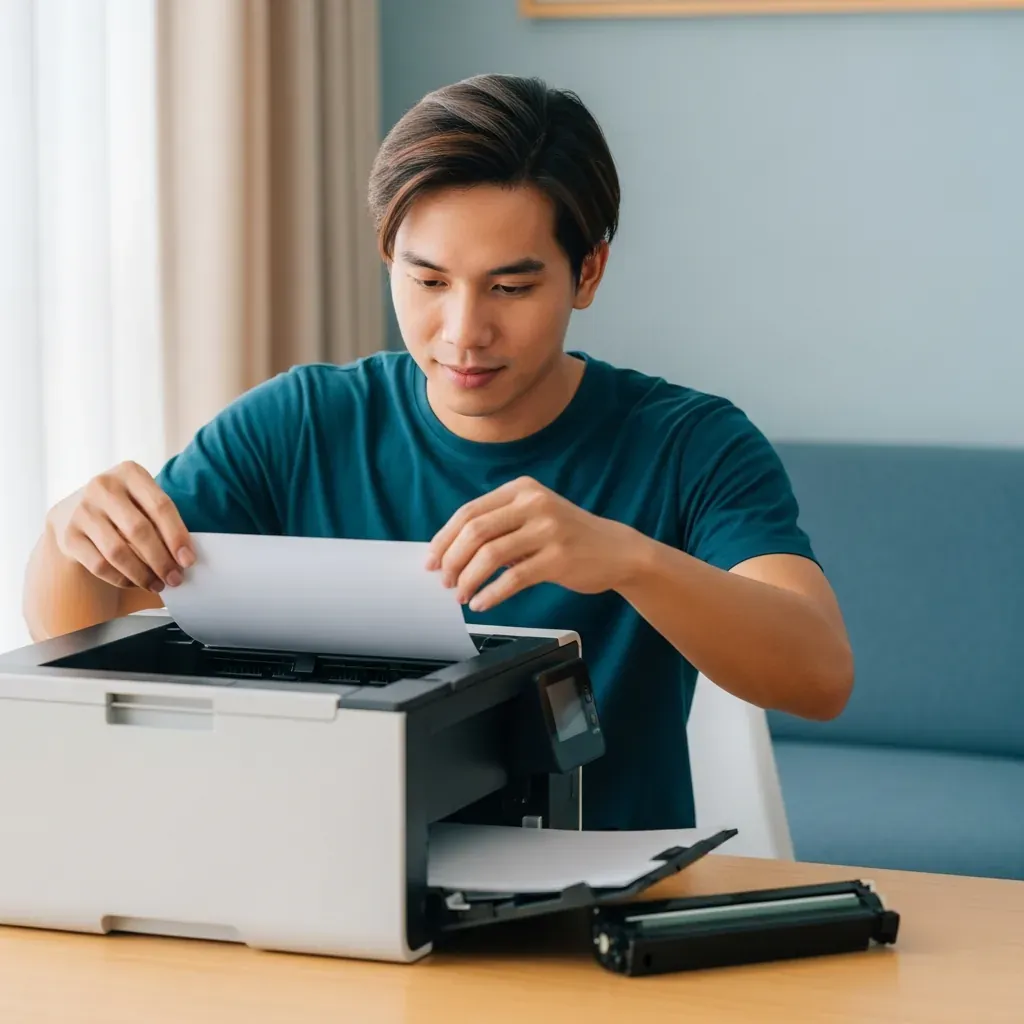 Người dùng tự lấy giấy kẹt ra khỏi máy in tại nhà