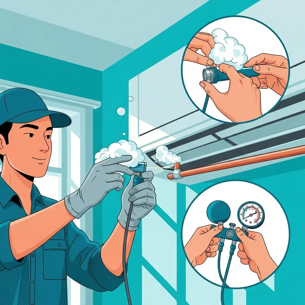 Kiểm tra rò rỉ gas máy lạnh bằng bọt xà phòng
