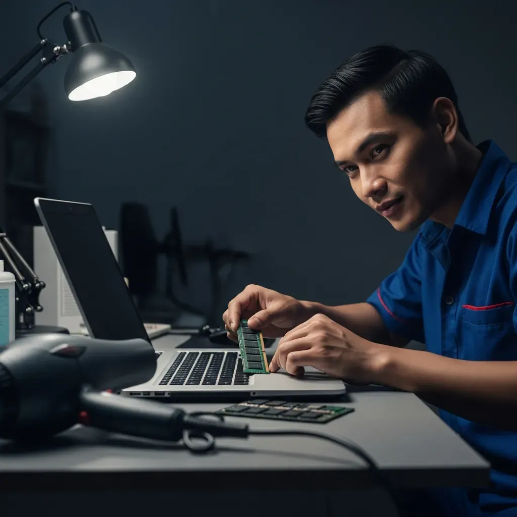 Gian phòng tối trong tiệm sửa máy tính Việt Nam, thợ đang bí mật tráo RAM, máy sấy trên bàn