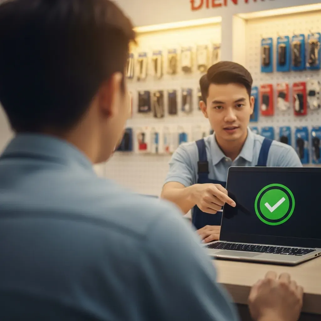 Khách hàng người Việt đứng xem kỹ thuật viên kiểm tra laptop, màn hình hiện dấu tick xanh
