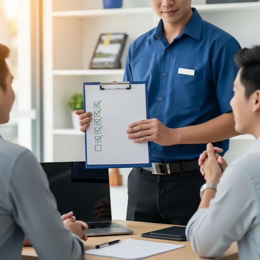 Kỹ thuật viên người Việt cầm bảng kê có dấu tick xanh, khách hàng gật đầu đồng ý