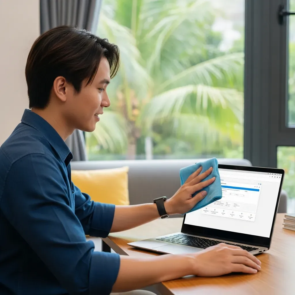 Người đàn ông Việt Nam đang vệ sinh màn hình laptop tại nhà, khung cảnh căn hộ nhiệt đới