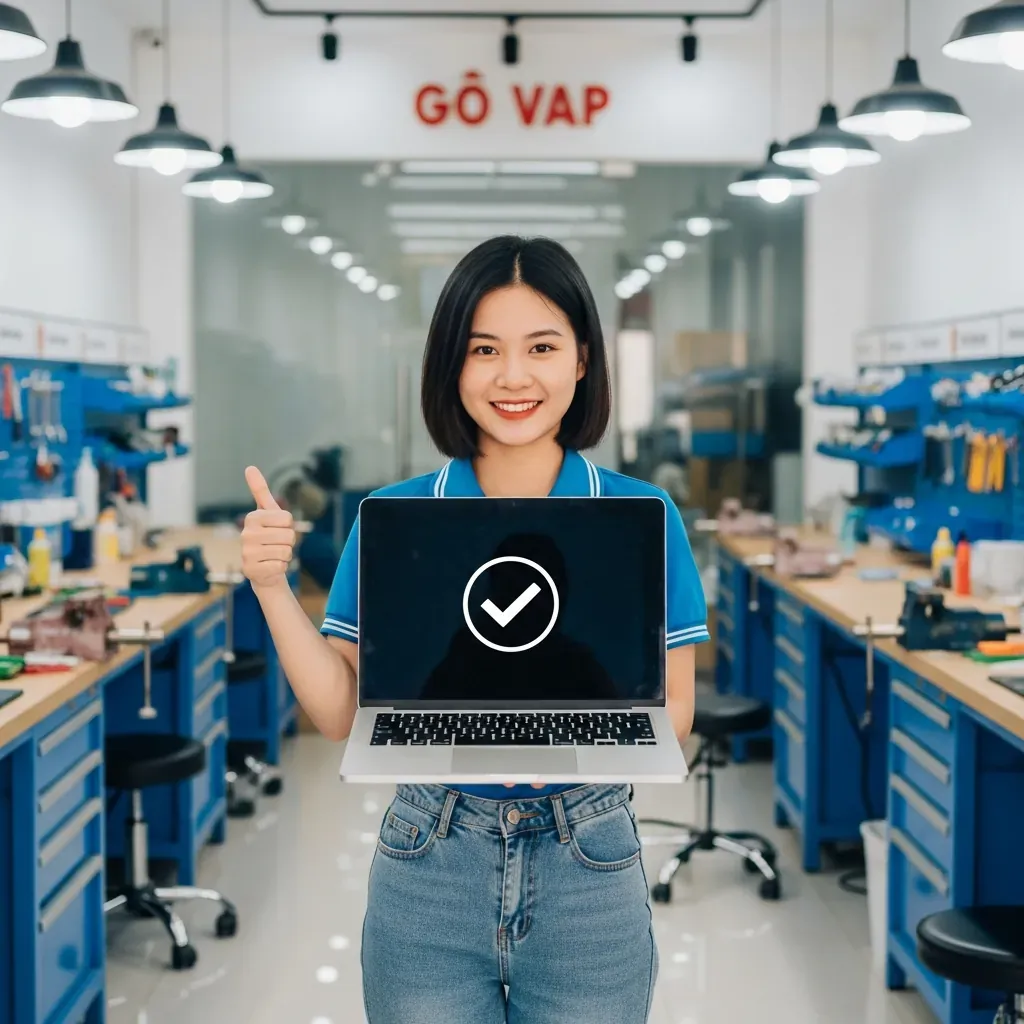 Cô gái Việt Nam tự tin nhận lại laptop đã sửa chữa thành công.