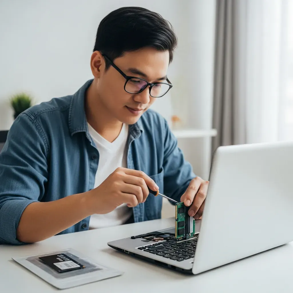 Người đàn ông tự thay RAM cho laptop tại nhà một cách cẩn thận.