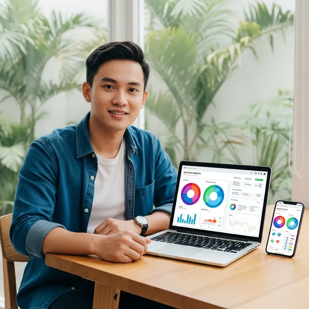 Người đàn ông Việt Nam tự chẩn đoán laptop bằng công cụ chẩn đoán hệ thống với đồ họa trực quan trên màn hình.