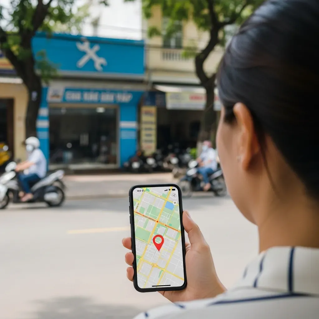 Người dùng kiểm tra địa chỉ tiệm sửa máy tính trên Google Maps trước khi vào.