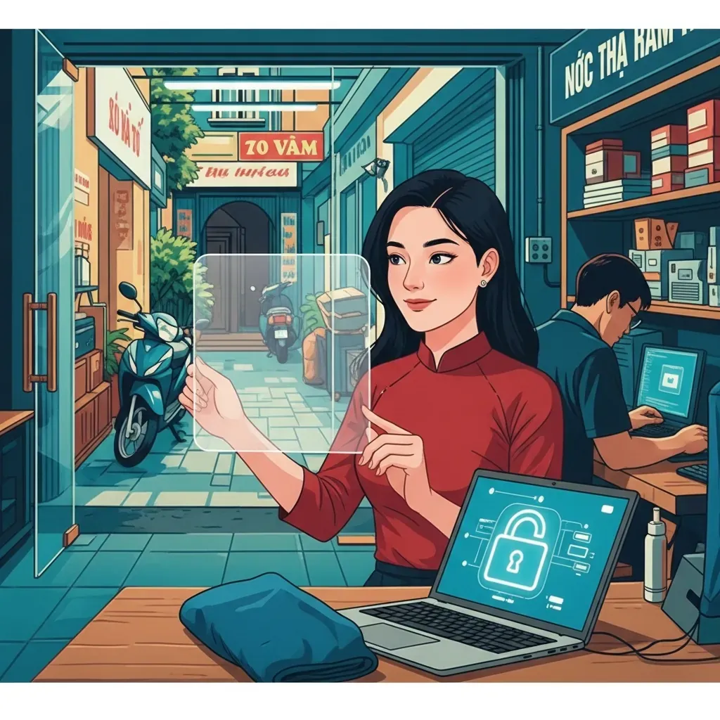 Người phụ nữ Việt Nam bảo vệ dữ liệu laptop trước nguy cơ rò rỉ trong tiệm sửa chữa.