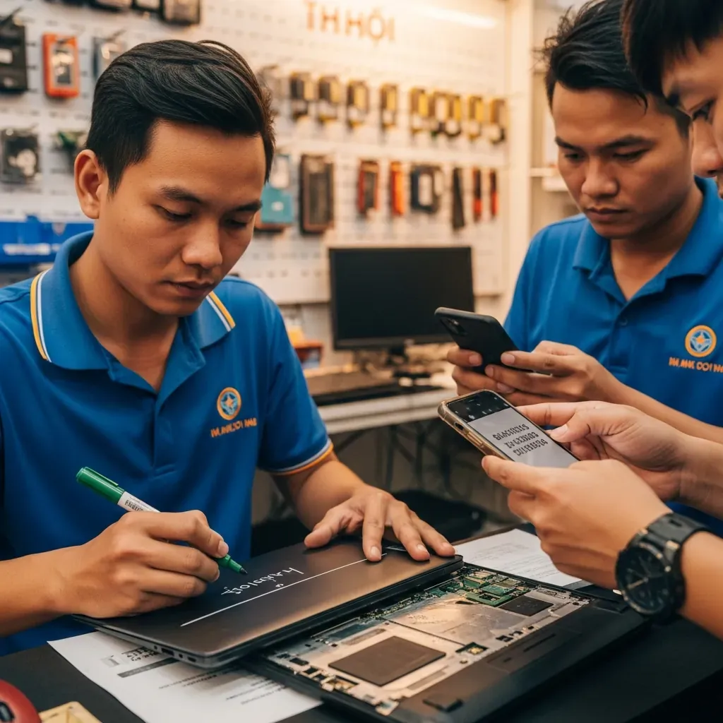 Khách hàng ký giáp lai và chụp ảnh linh kiện khi giao máy sửa
