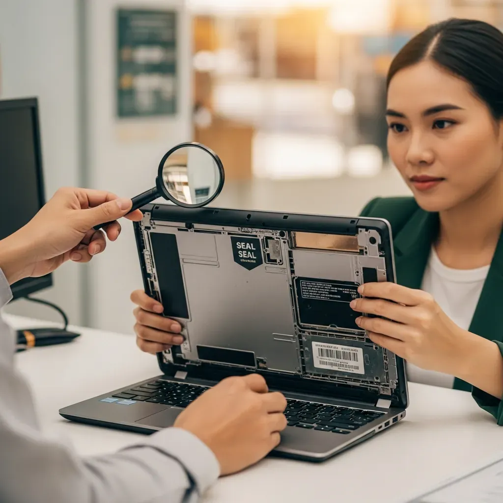 Khách kiểm tra tem niêm phong và số series khi nhận lại máy