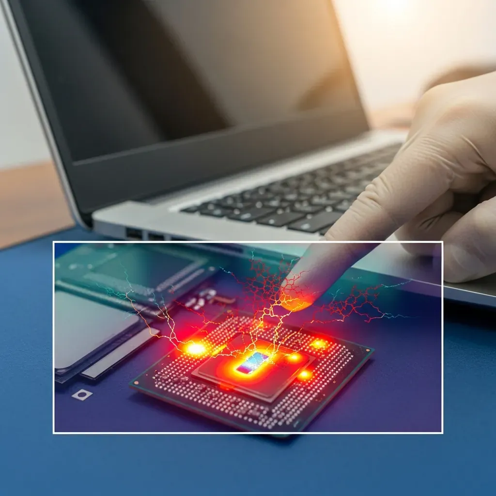 Cận cảnh keo tản nhiệt khô cứng trên chip laptop, với ảnh nhiệt hiển thị vùng nóng.
