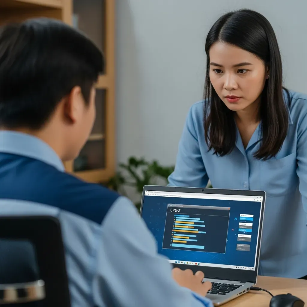 Kỹ thuật viên đang chẩn đoán máy, khách hàng giám sát chặt chẽ, màn hình hiển thị thông tin CPU-Z dạng đồ họa.