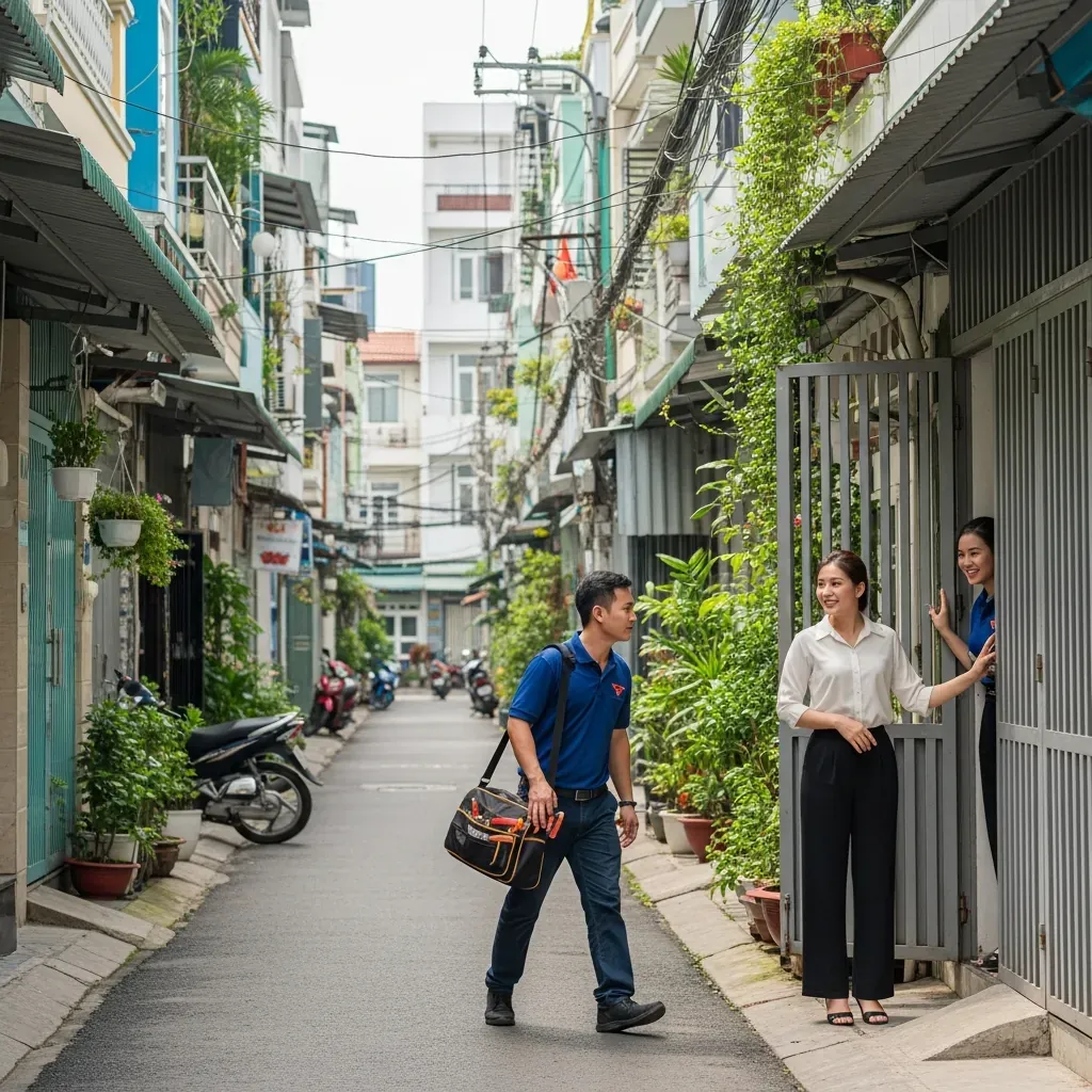 Kỹ thuật viên sửa máy tính đến nhà khách hàng tại TPHCM, cảnh đường phố với nhà ống và xe máy.