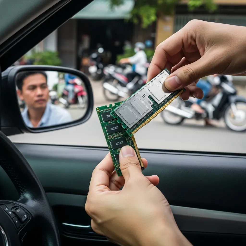 Thợ lén lút tráo linh kiện RAM khi khách hàng mất cảnh giác, xe máy nền đường phố Sài Gòn.
