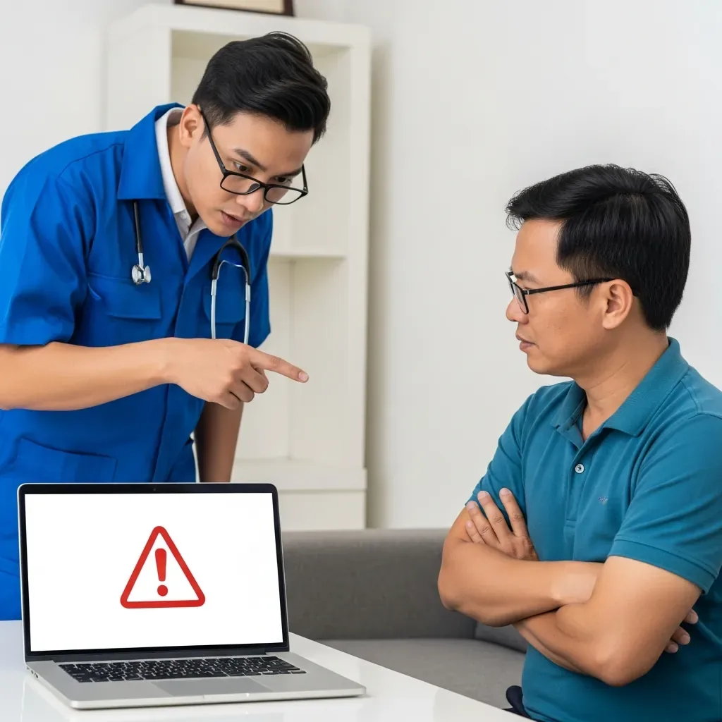 Thợ sửa máy tính nghi ngờ đang 'vẽ bệnh', chỉ vào màn hình báo lỗi ảo, khách hàng hoài nghi.