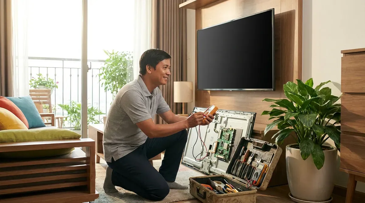 Kỹ thuật viên người Việt kiểm tra tivi tại nhà ở Quận 9