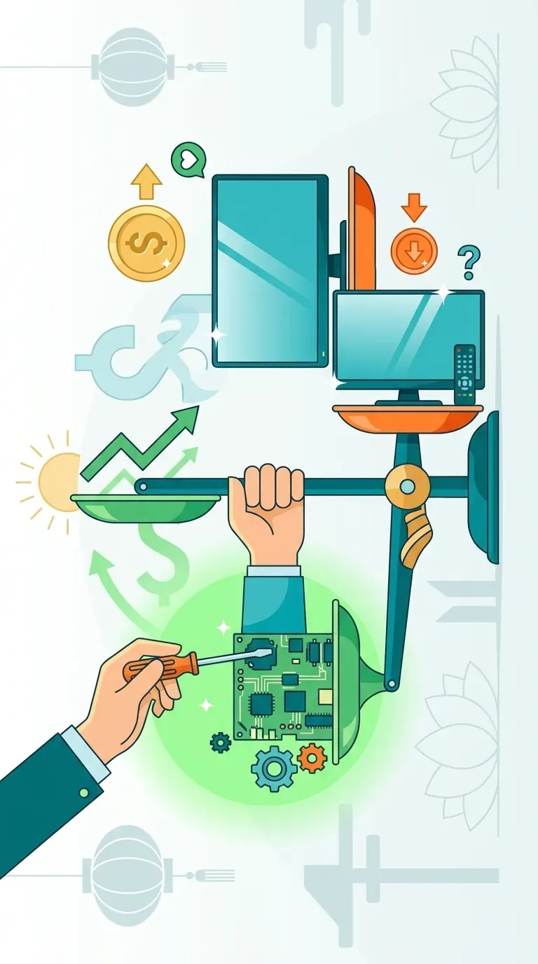 Minh họa cân nhắc giữa sửa tivi và mua tivi mới theo tỷ lệ chi phí