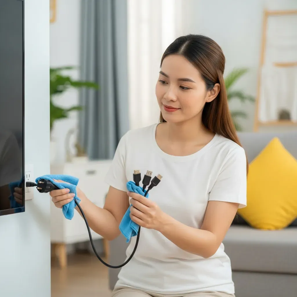 Người dùng tự kiểm tra an toàn tivi bằng cách rút nguồn và vệ sinh cổng kết nối