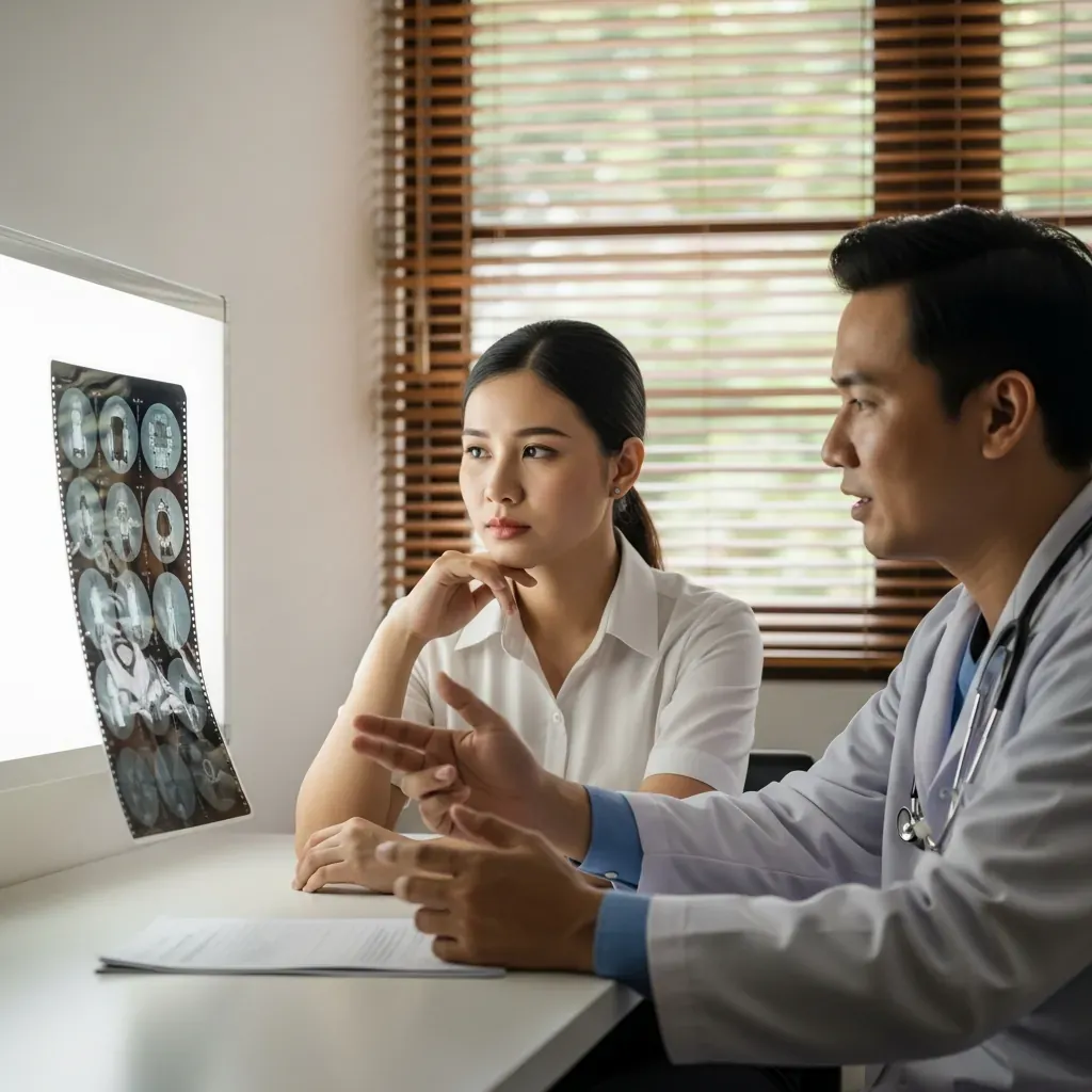 Bệnh nhân và bác sĩ cùng xem phim chụp y khoa trong phòng khám.