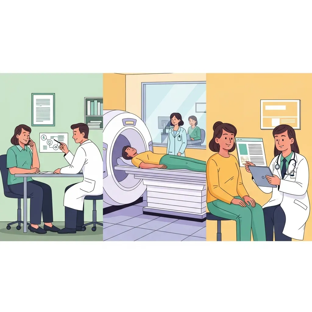 Minh họa ba bước tầm soát ung thư: tư vấn, khám, nhận kết quả.