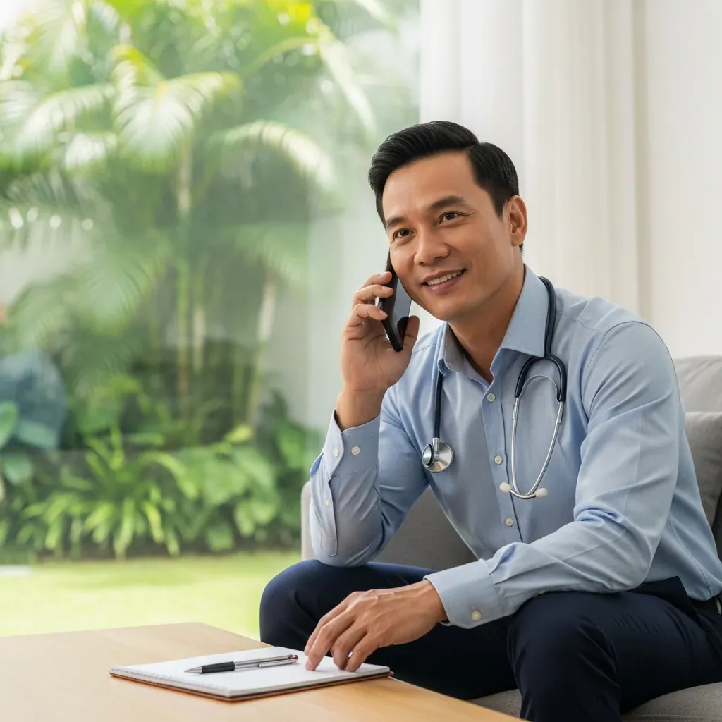 Người đàn ông Việt Nam tự tin gọi điện đặt lịch hẹn tầm soát ung thư.