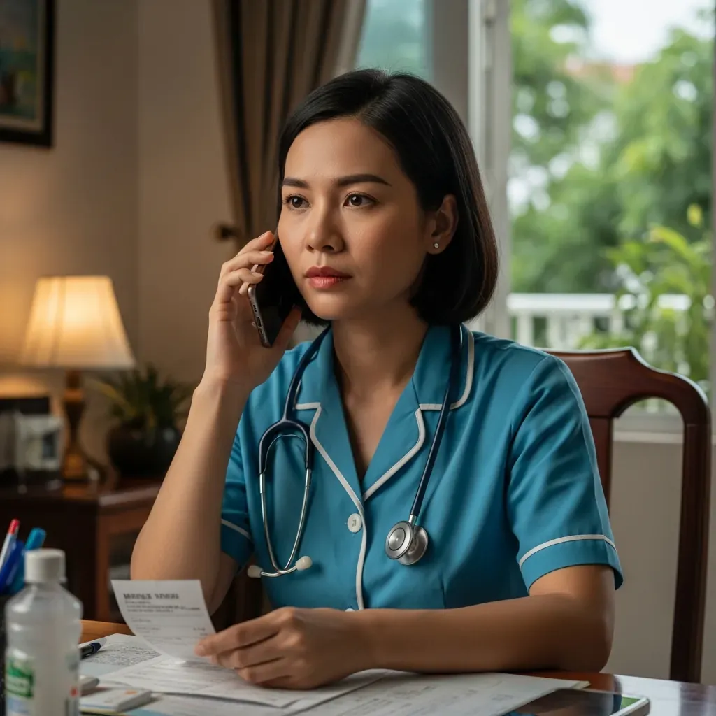Người phụ nữ Việt Nam gọi điện khiếu nại dịch vụ y tế, tay cầm hóa đơn.