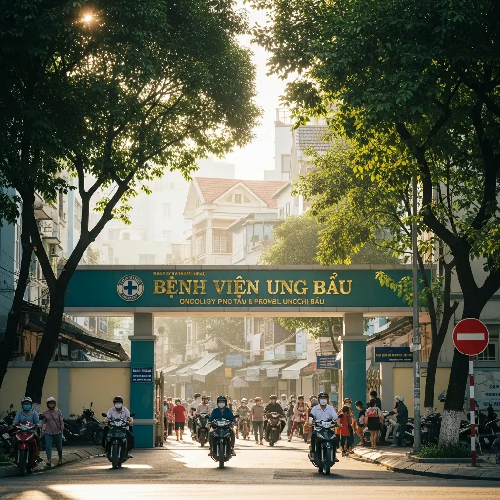 Quang cảnh cổng chính Bệnh viện Ung Bướu TP.HCM với bệnh nhân đến khám vào buổi sáng.