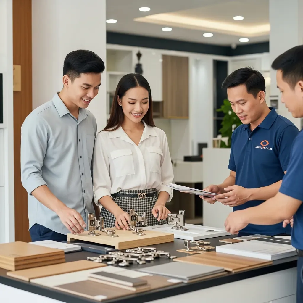 Khách hàng kiểm tra vật liệu và tham quan showroom nội thất tại Quận 7