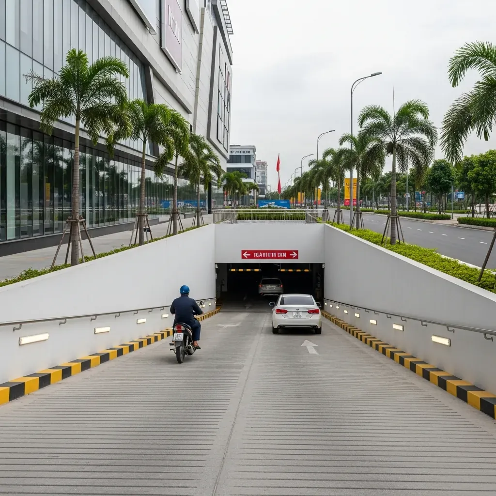 Lối vào hầm gửi xe của Thiso Mall từ đường Hoàng Thế Thiện phía sau trung tâm