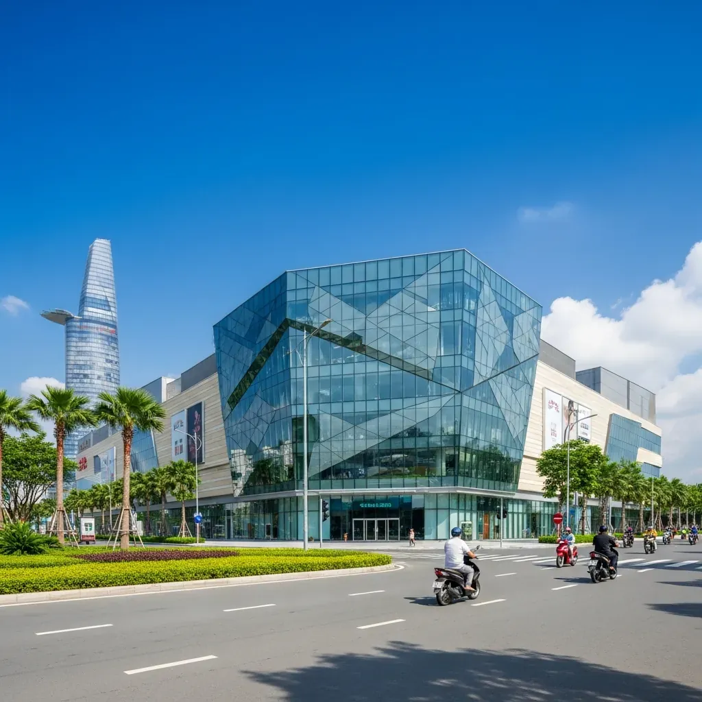 Mặt ngoài Thiso Mall Sala với kiến trúc kính lấy cảm hứng từ nghệ thuật gấp giấy Origami tại Thủ Thiêm