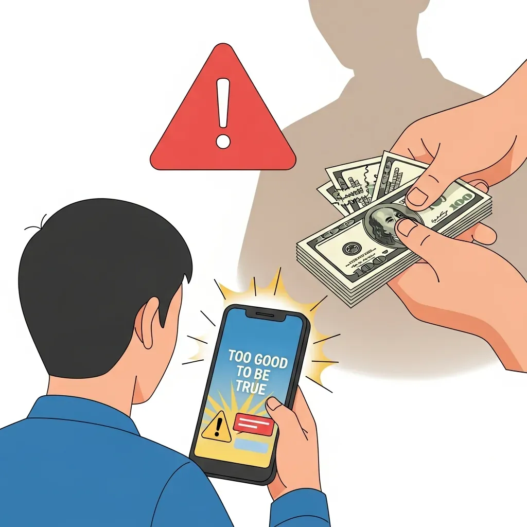 Hình minh họa cảnh báo lừa đảo đổi ngoại tệ: một người Việt xem tin nhắn mời chào mờ ám trên điện thoại.