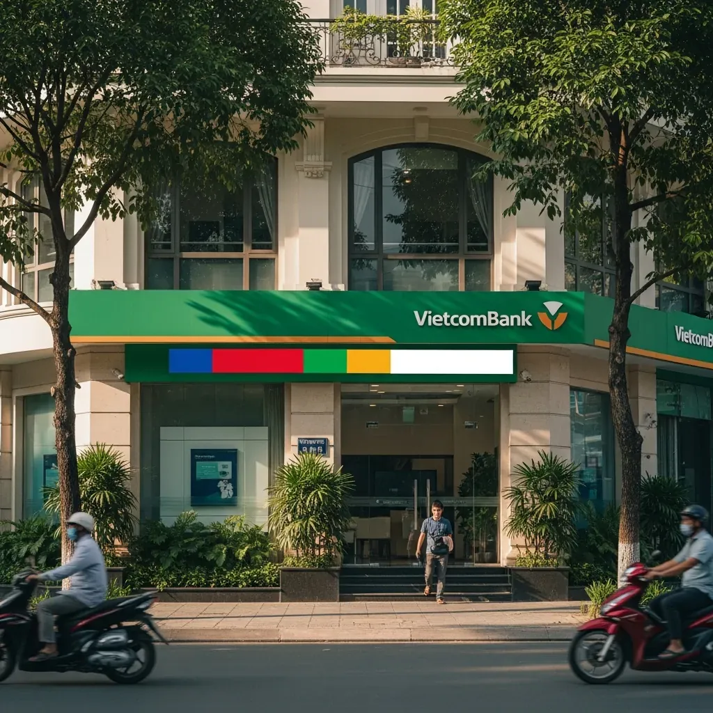 Mặt tiền chi nhánh ngân hàng Vietcombank tại Quận 1, TP.HCM với một người đàn ông Việt Nam chuẩn bị bước vào.