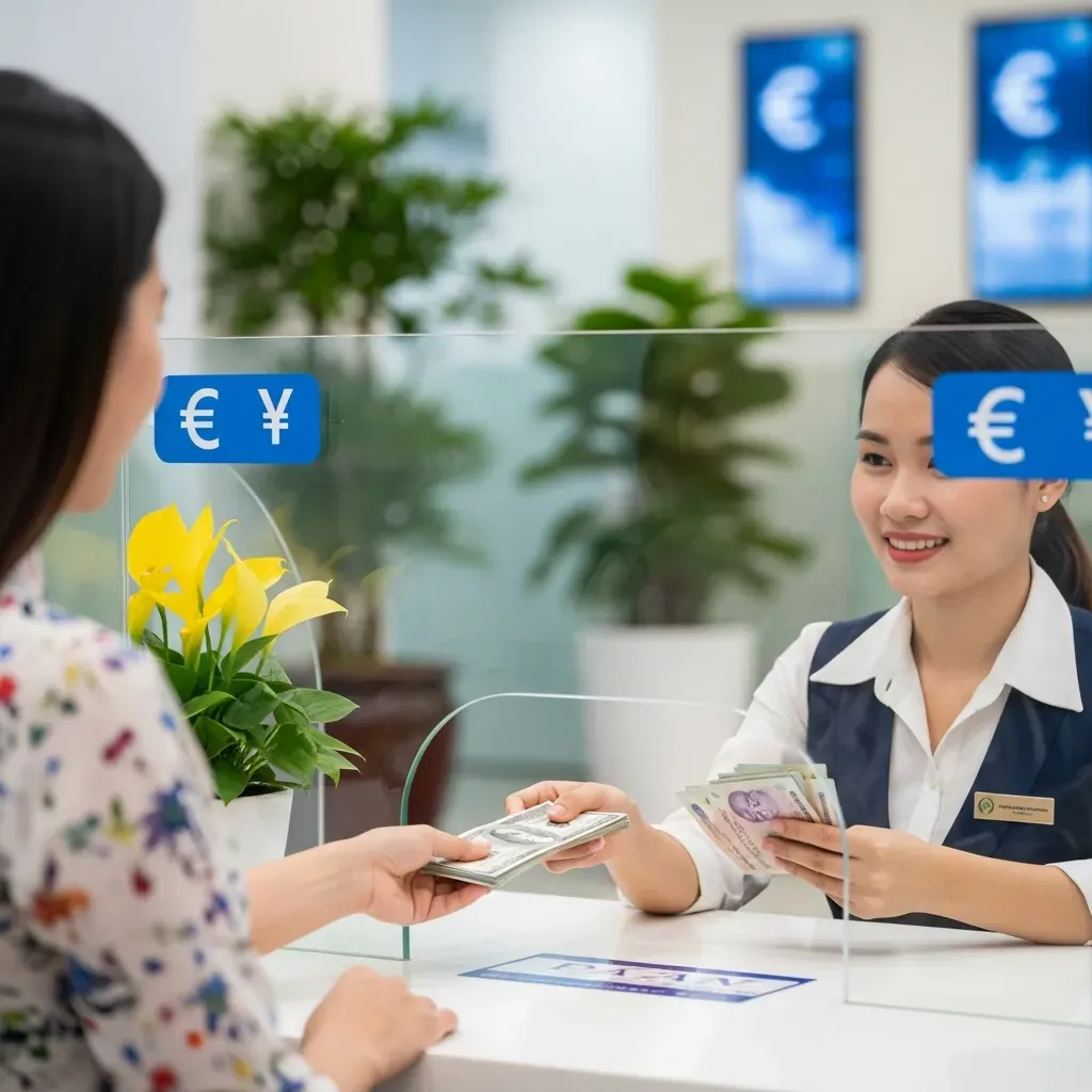 Một người phụ nữ Việt Nam đang trao đổi ngoại tệ tại quầy ngân hàng hiện đại ở Quận 1.