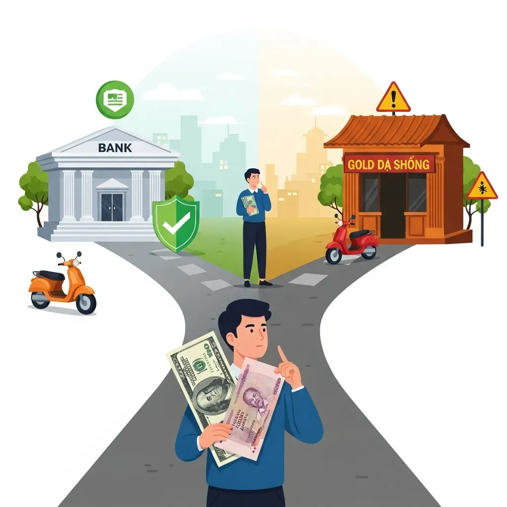 Một người Việt đứng giữa hai lựa chọn: ngân hàng an toàn bên trái và tiệm vàng cảnh báo bên phải.