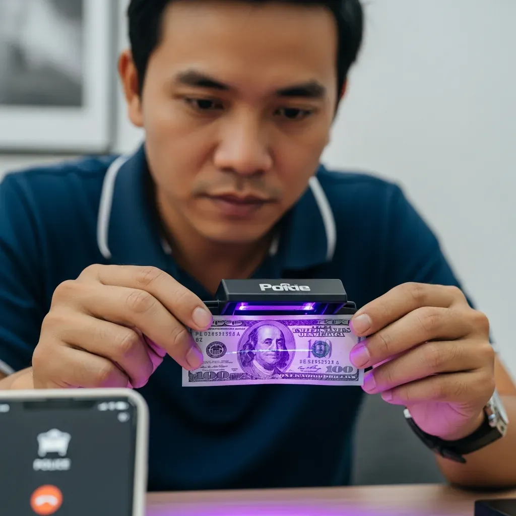 Người đàn ông Việt Nam soi tờ đô la bằng đèn UV để phát hiện tiền giả.