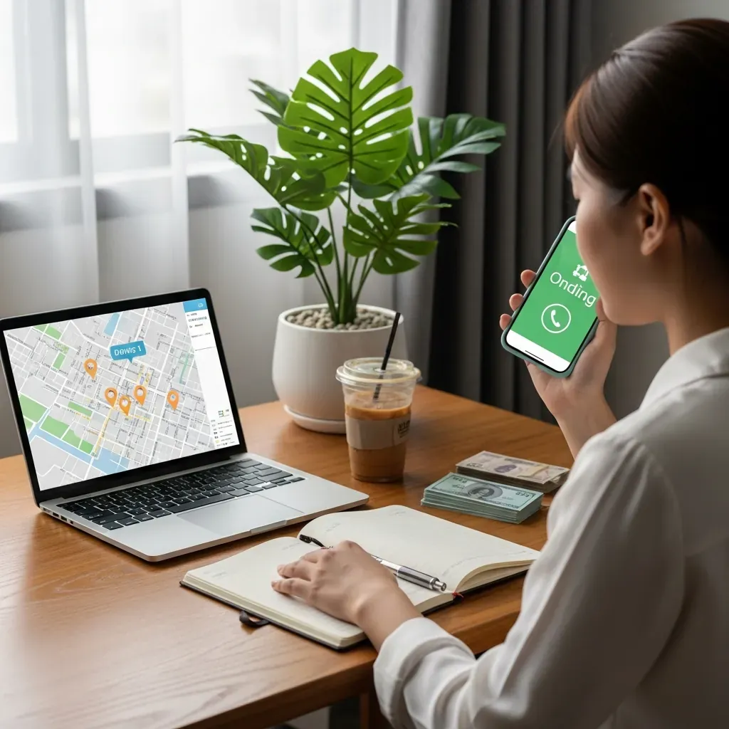 Người phụ nữ Việt gọi điện thoại xác nhận thủ tục, bên cạnh sổ ghi chép và bản đồ Quận 1 trên laptop.