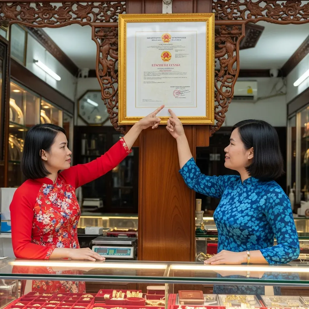 Người phụ nữ Việt kiểm tra giấy phép đổi ngoại tệ được treo tại tiệm vàng.