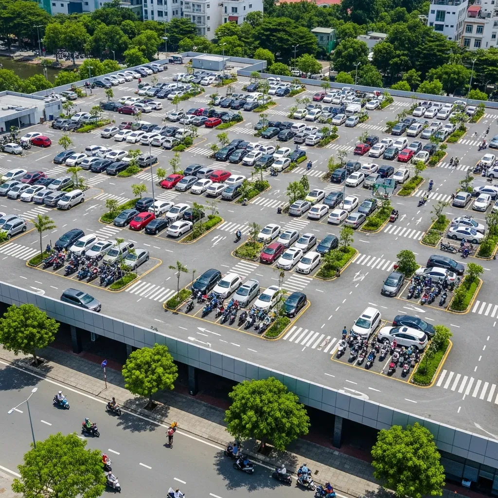Bãi giữ xe rộng lớn trên tầng thượng Aeon Mall Bình Tân