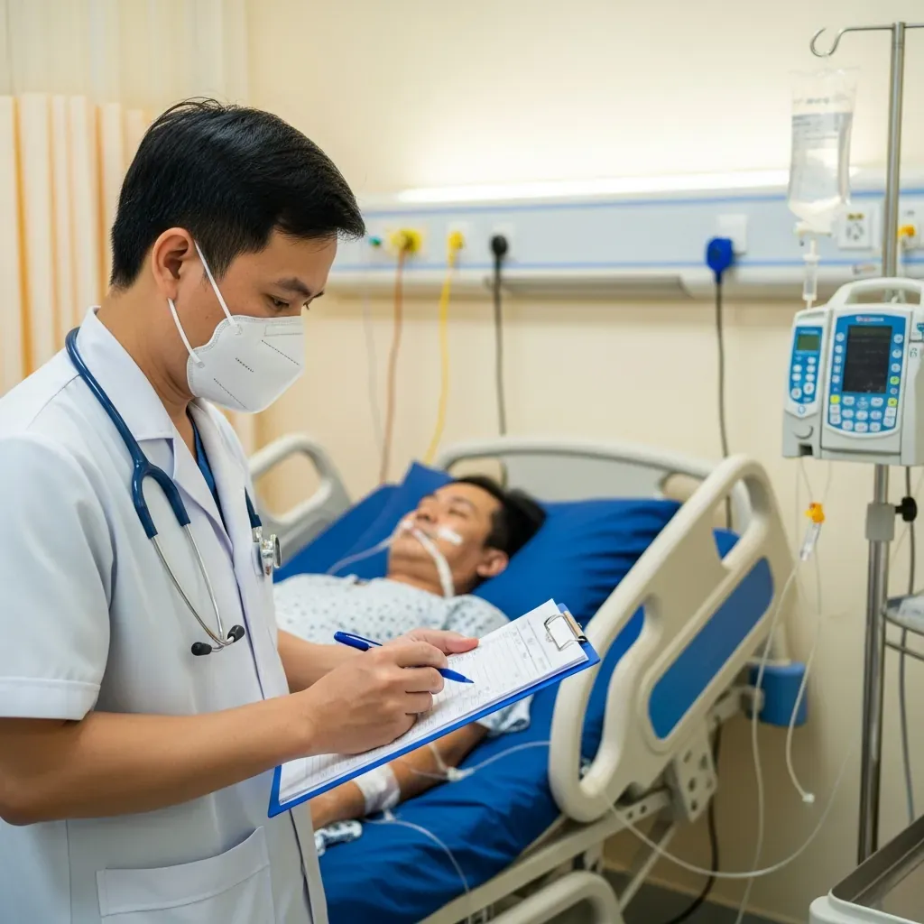 Bác sĩ Việt Nam chỉ định truyền dịch dựa trên kết quả xét nghiệm cho bệnh nhân mất nước nặng