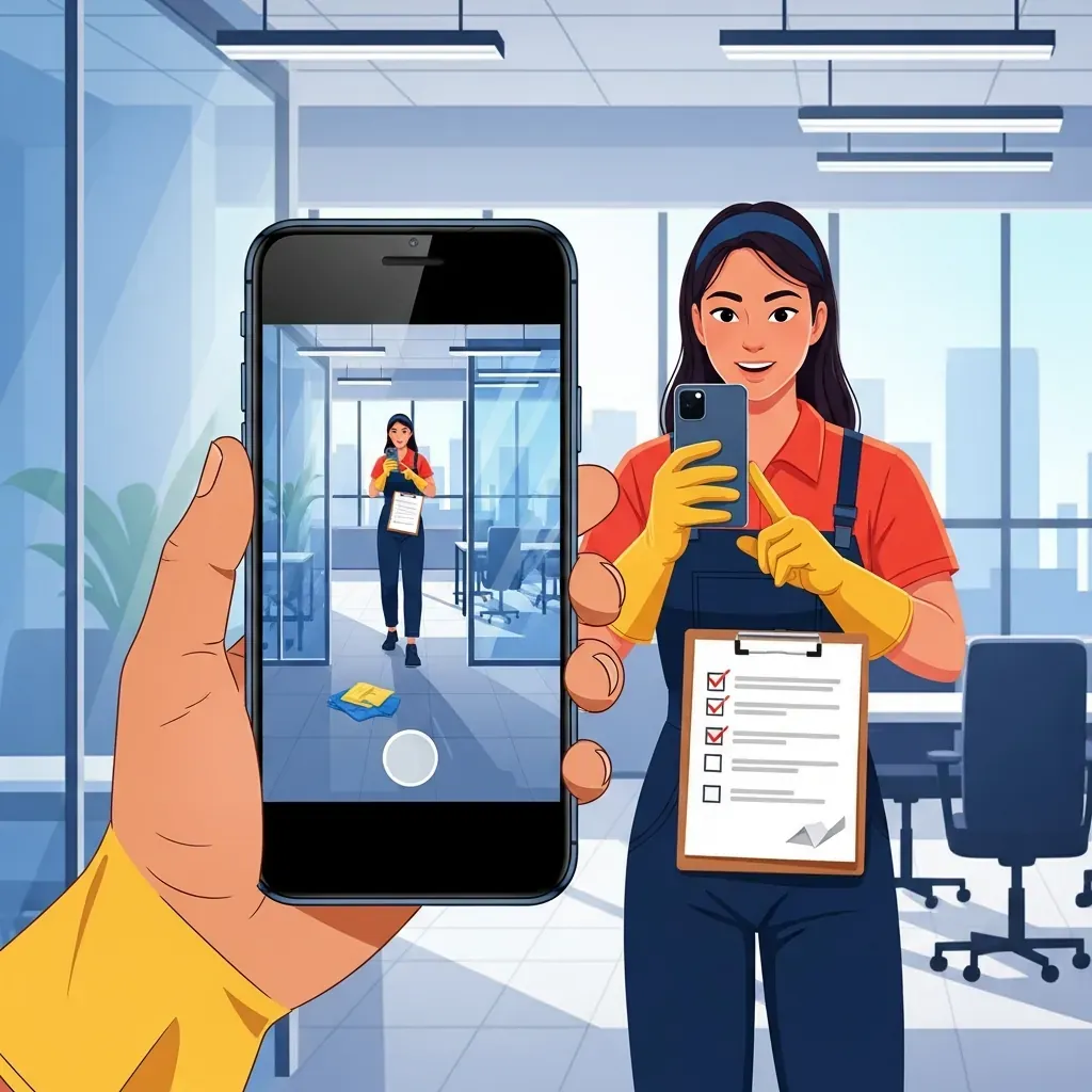 Chủ doanh nghiệp chụp ảnh hiện trạng và chuẩn bị danh sách trước khi gọi nhà thầu vệ sinh