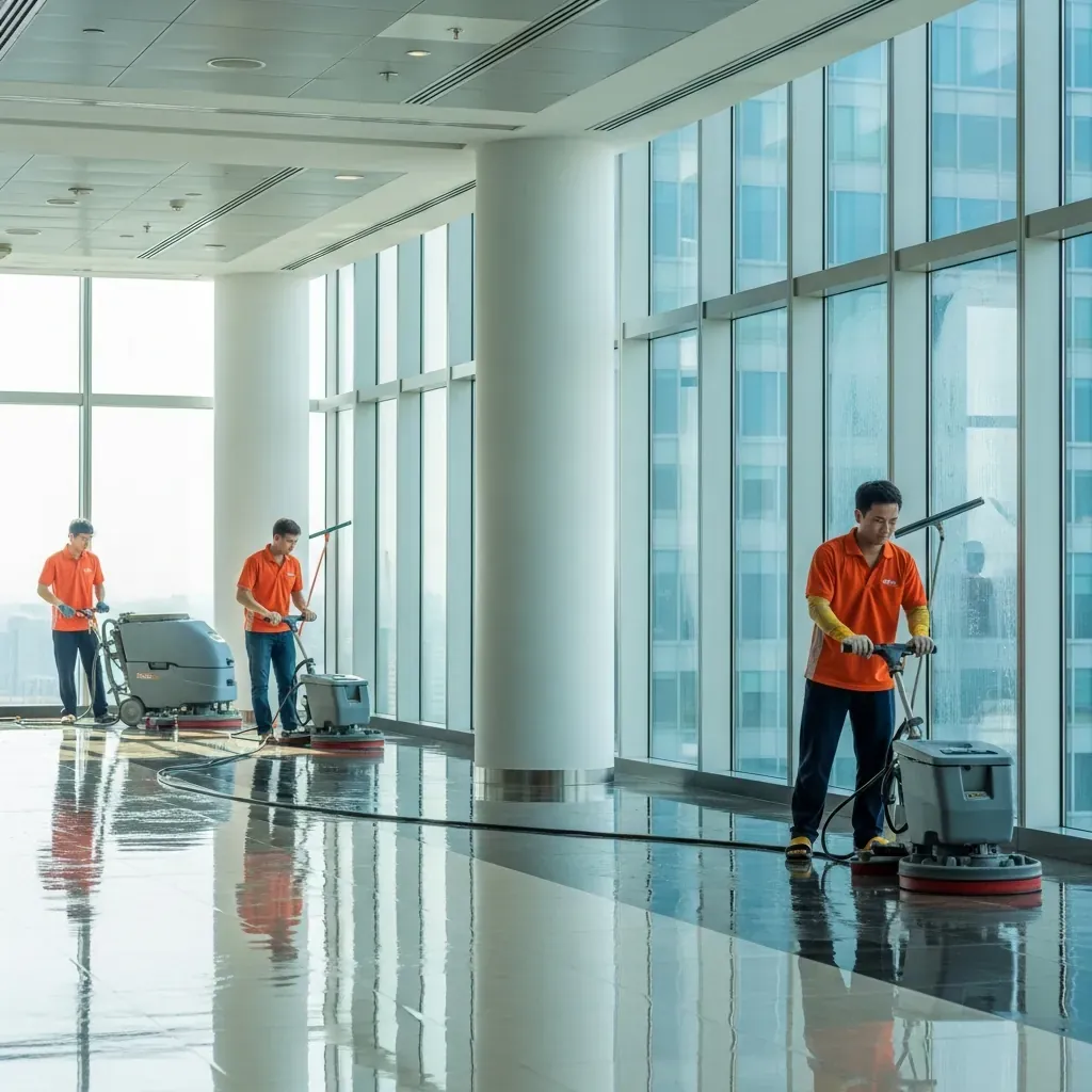 Đội ngũ vệ sinh công nghiệp chuyên nghiệp đang làm sạch tòa nhà văn phòng lớn tại TP.HCM