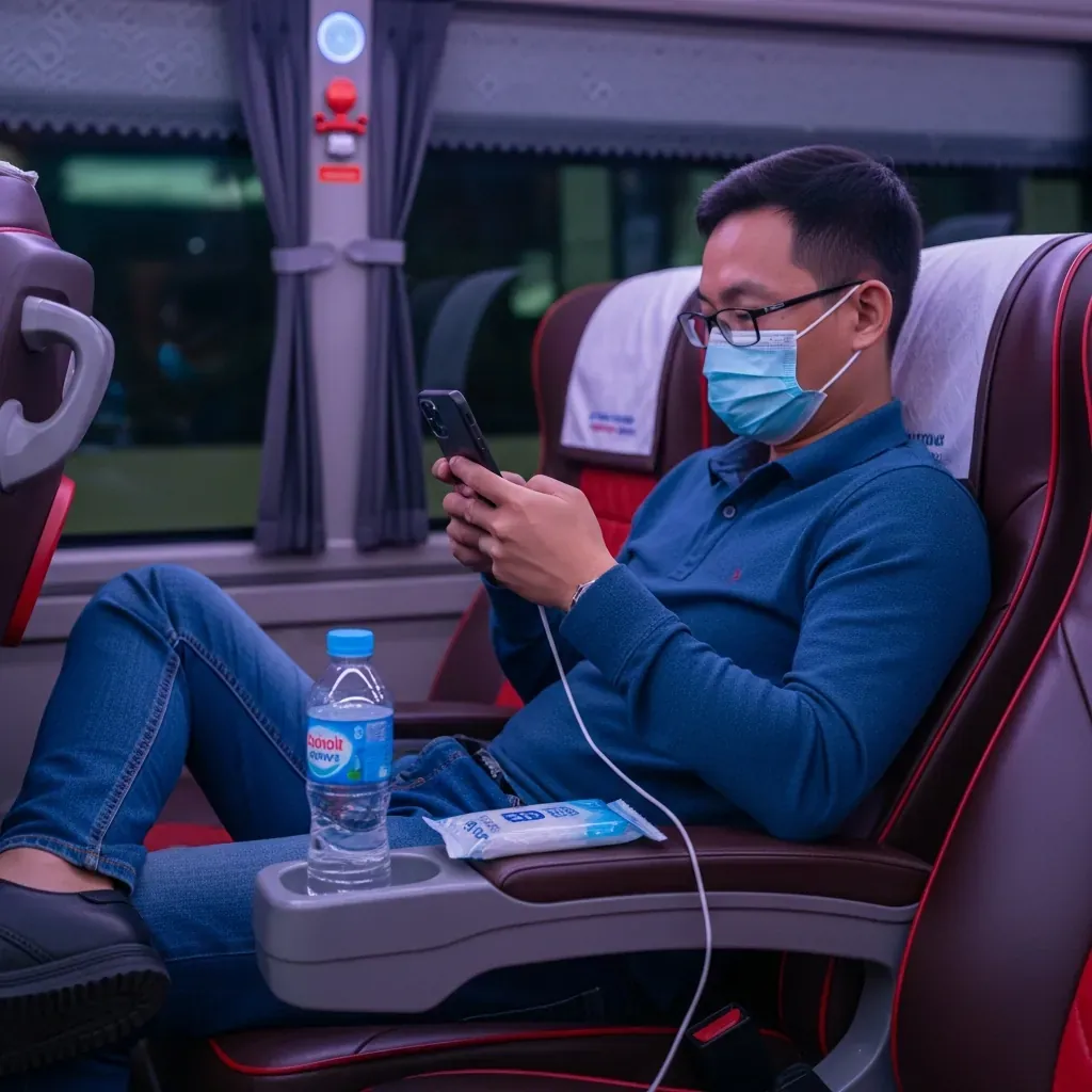 Bên trong xe limousine Phương Trang, hành khách nam người Việt đang dùng điện thoại, bên cạnh có chai nước và khăn lạnh.