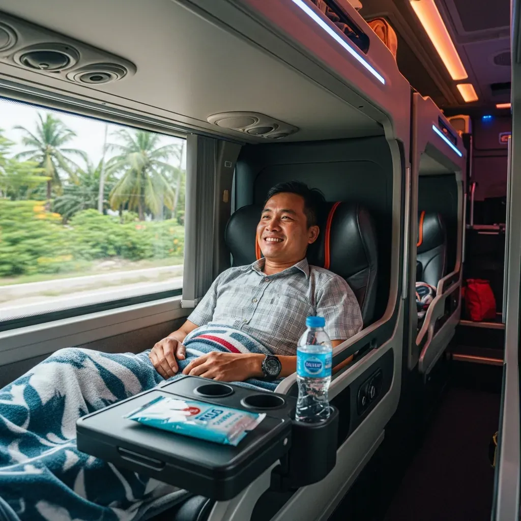 Hành khách nam người Việt đang nằm thư giãn trên giường tầng dưới xe limousine Phương Trang, không gian hiện đại, thoải mái.