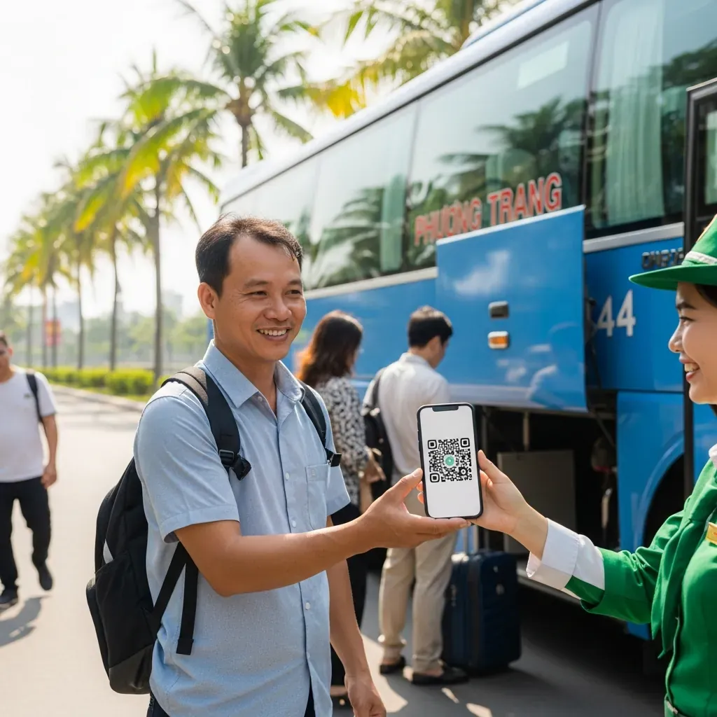 Hành khách nam người Việt đang xuất trình mã QR trên điện thoại cho nhân viên xe Phương Trang tại bến xe.