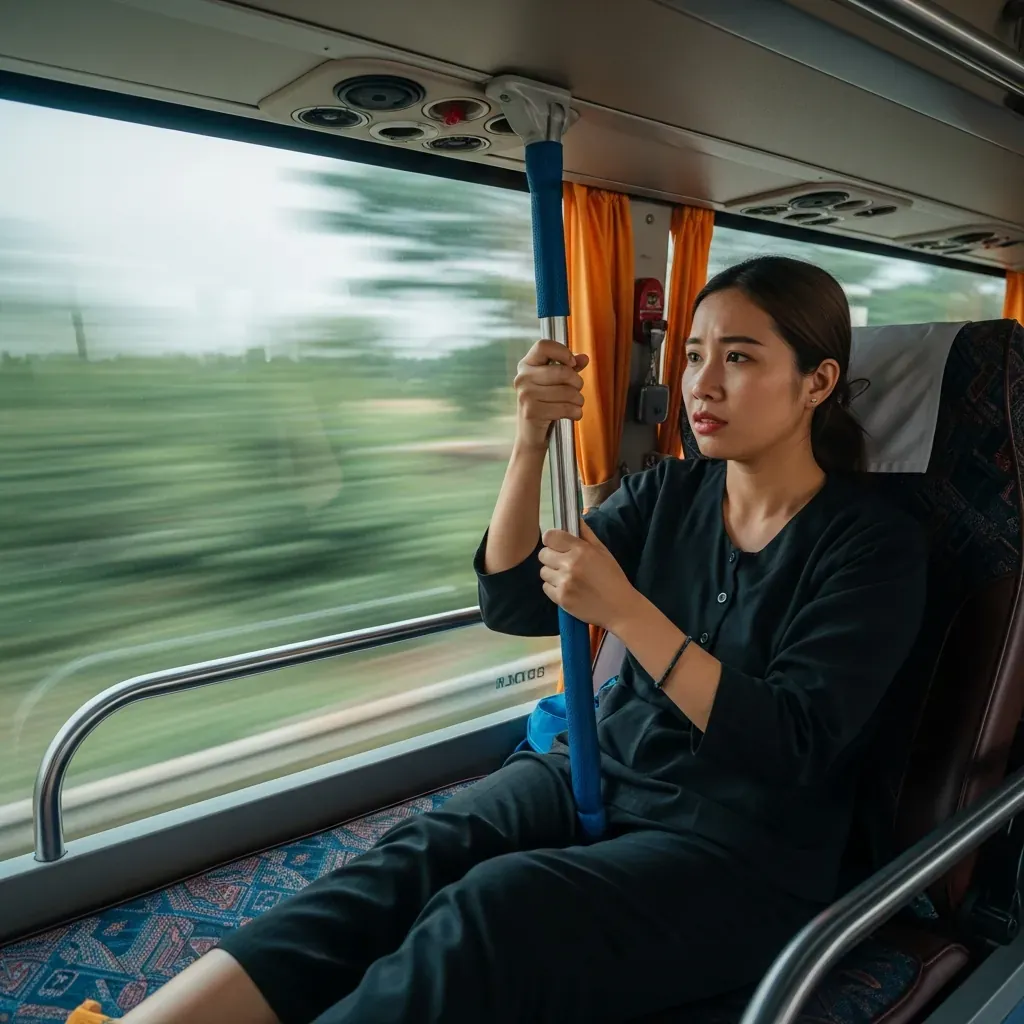 Hành khách nữ người Việt ngồi trên giường tầng trên của xe giường nằm, bám vào thành vịn với vẻ mặt khó chịu do xe rung lắc.