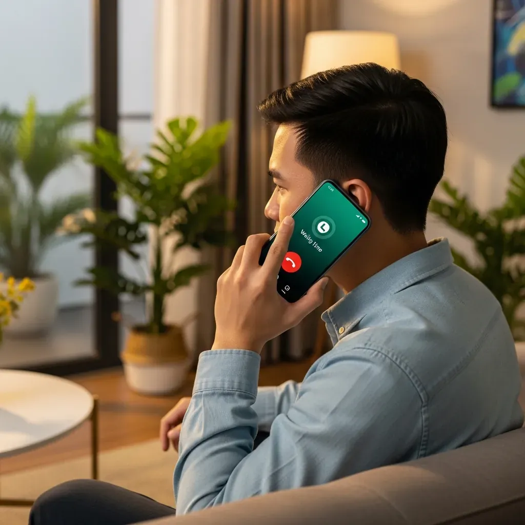 Nam thanh niên Việt Nam đang chờ điện thoại với vẻ mặt bực bội, màn hình hiển thị cuộc gọi đang chờ.