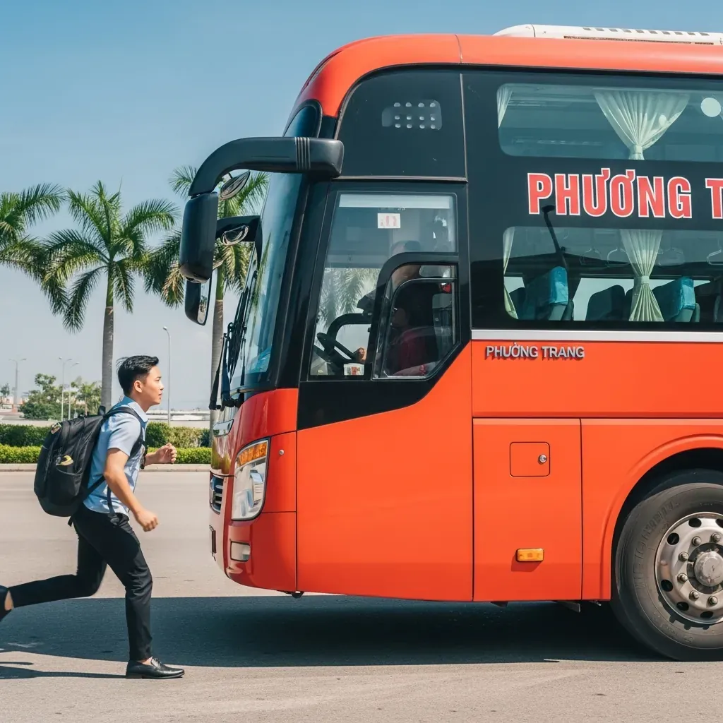 Người đàn ông Việt Nam đang chạy đến bến xe, chiếc xe Phương Trang đang lăn bánh rời bến.