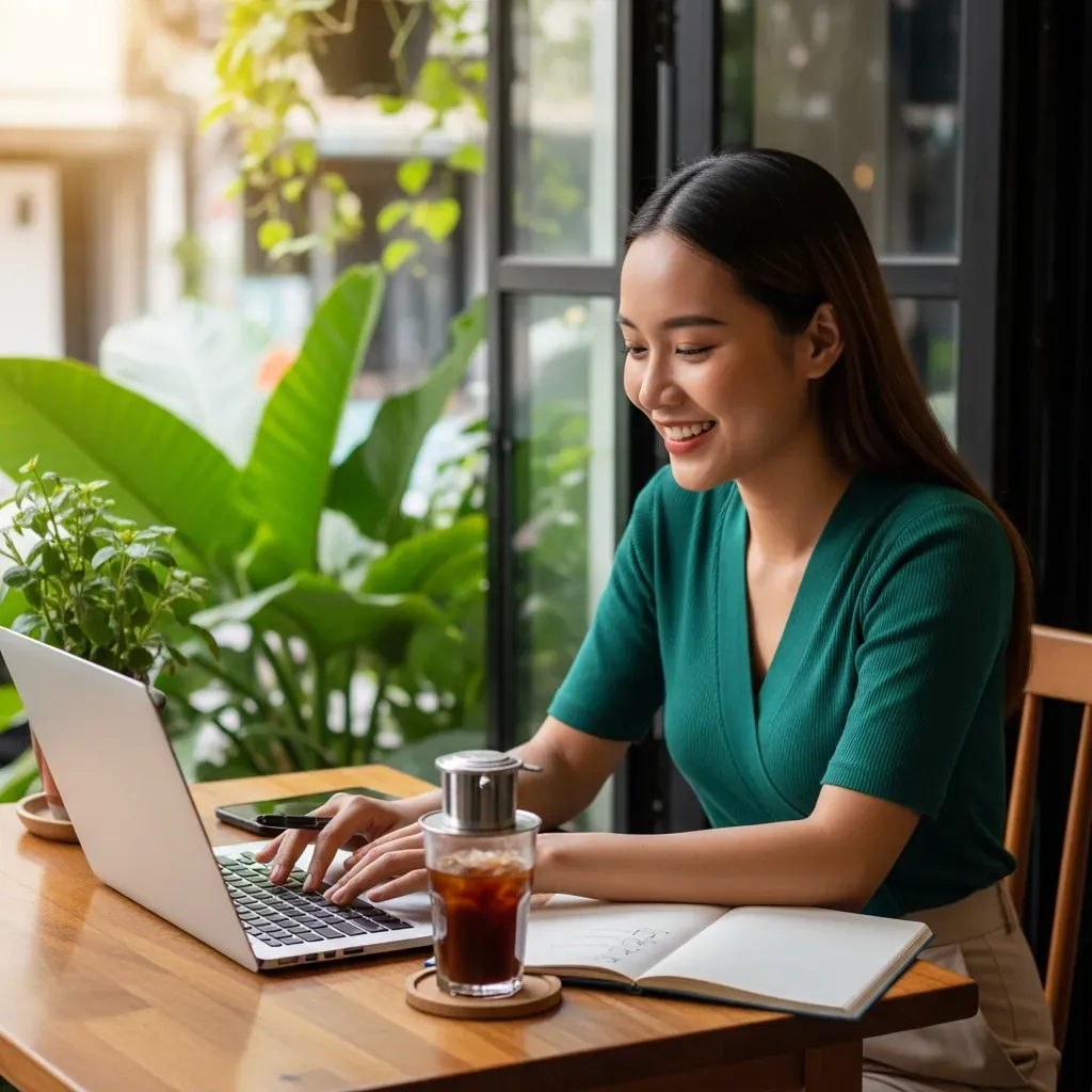 Người phụ nữ trẻ Việt Nam đang kiểm tra danh sách công việc trên laptop tại quán cà phê, khung cảnh ấm cúng.