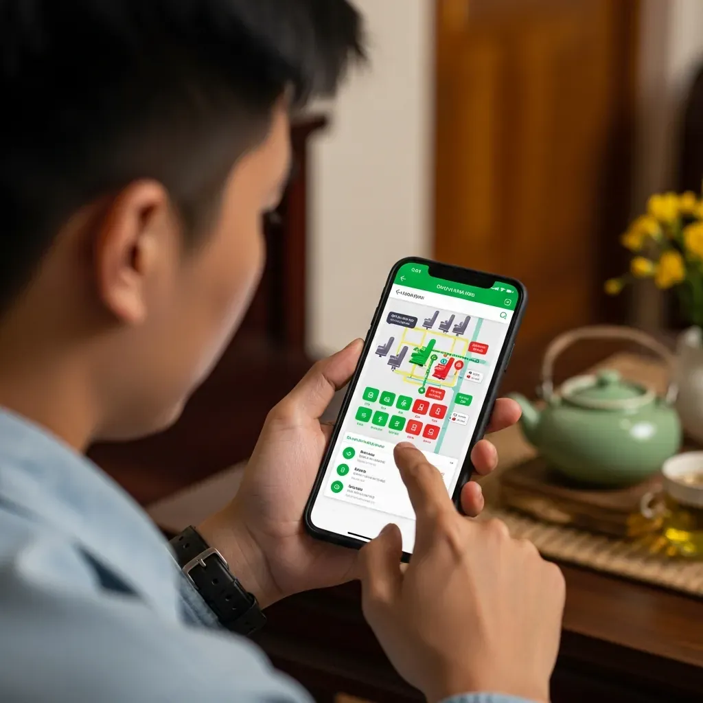 Người thanh niên Việt đang chọn vị trí giường trên sơ đồ ghế trong ứng dụng đặt vé xe.