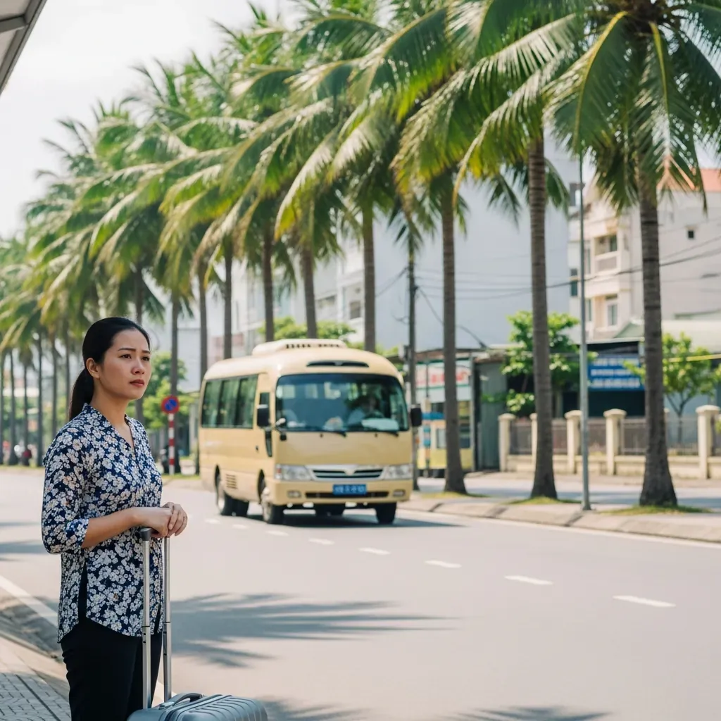 Nữ hành khách người Việt đứng nhìn xe trung chuyển rời đi tại trạm đón ở Cà Mau.